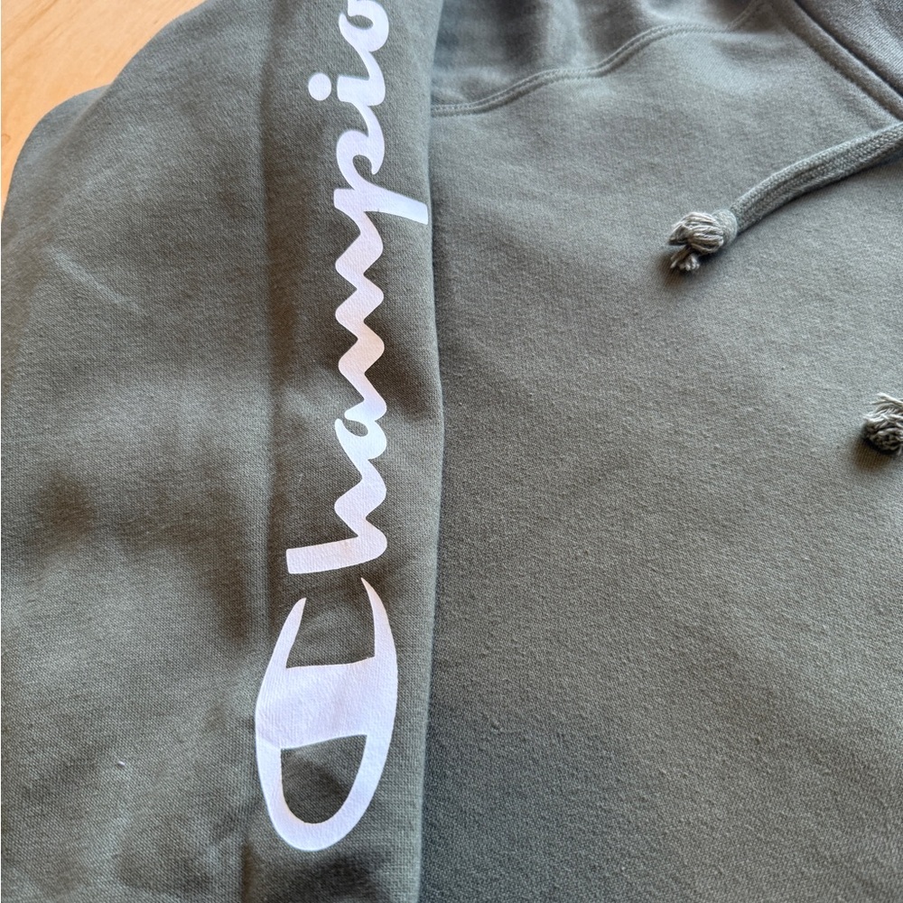 Champion Script Sleeve Hoodie Olive Green Pullover Sweatshirt Size L Streetwear - Picture 3 of 7